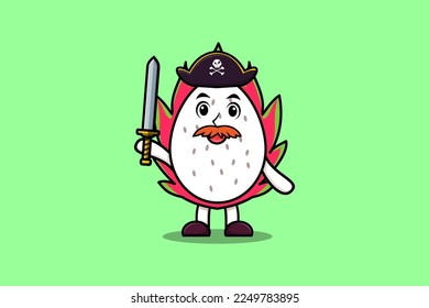 Cute cartoon mascot character Dragon fruit pirate with hat and holding sword in modern design