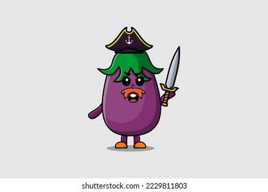 Cute cartoon mascot character Eggplant pirate with hat and holding sword in modern design