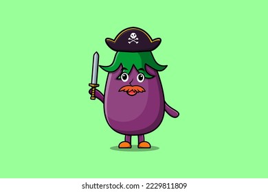 Cute cartoon mascot character Eggplant pirate with hat and holding sword in modern design