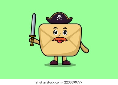 Cute cartoon mascot character Envelope pirate with hat and holding sword in modern design
