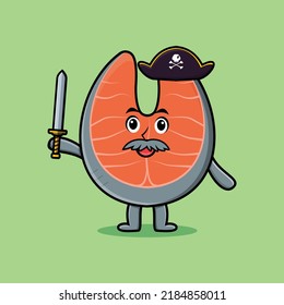 Cute cartoon mascot character fresh salmon pirate with hat and holding sword in modern design