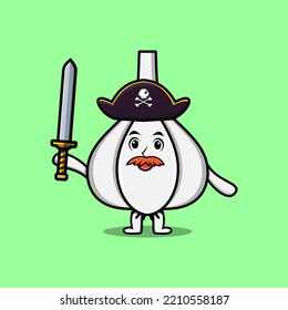 Cute cartoon mascot character Garlic pirate with hat and holding sword in modern design