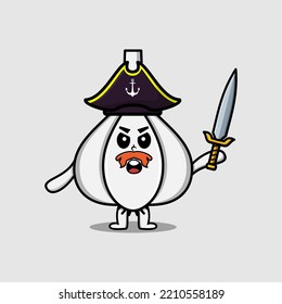 Cute cartoon mascot character Garlic pirate with hat and holding sword in modern design