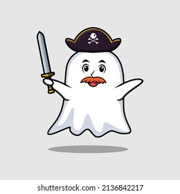 Cute cartoon mascot character ghost pirate with hat and holding sword in modern design