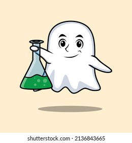 Cute cartoon mascot character ghost as scientist with chemical reaction glass in cute modern