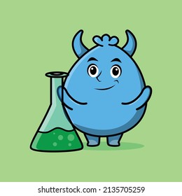 Cute cartoon mascot character goblin monster as scientist with chemical reaction glass