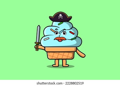Cute cartoon mascot character Ice cream pirate with hat and holding sword in modern design