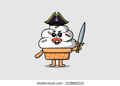 Cute cartoon mascot character Ice cream pirate with hat and holding sword in modern design