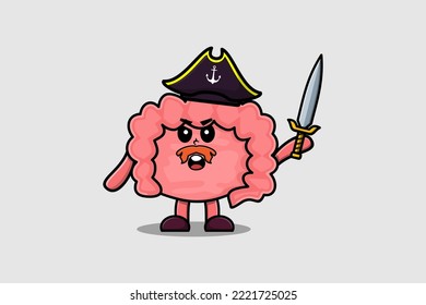 Cute cartoon mascot character Intestine pirate with hat and holding sword in modern design