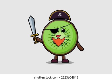 Cute cartoon mascot character Kiwi fruit pirate with hat and holding sword in modern design