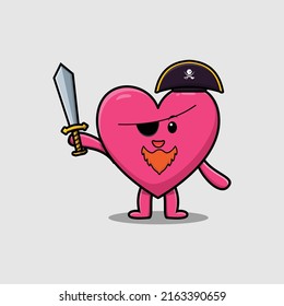 Cute cartoon mascot character lovely heart pirate with hat and holding sword in modern design