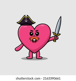 Cute cartoon mascot character lovely heart pirate with hat and holding sword in modern design