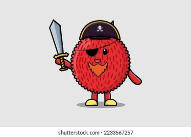 Cute cartoon mascot character Lychee pirate with hat and holding sword in modern design