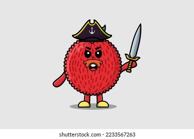 Cute cartoon mascot character Lychee pirate with hat and holding sword in modern design
