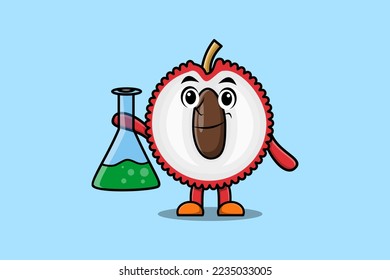 Cute cartoon mascot character Lychee as scientist with chemical reaction glass