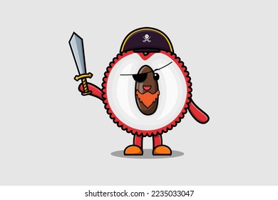 Cute cartoon mascot character Lychee pirate with hat and holding sword in modern design