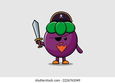 Cute cartoon mascot character Mangosteen pirate with hat and holding sword in modern design