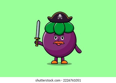 Cute cartoon mascot character Mangosteen pirate with hat and holding sword in modern design