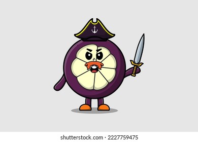 Cute cartoon mascot character Mangosteen pirate with hat and holding sword in modern design