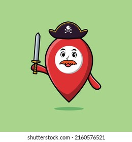 Cute cartoon mascot character maps icon pirate with hat and holding sword in modern design