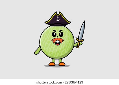 Cute cartoon mascot character Melon pirate with hat and holding sword in modern design