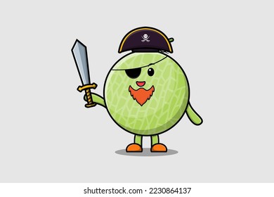 Cute cartoon mascot character Melon pirate with hat and holding sword in modern design