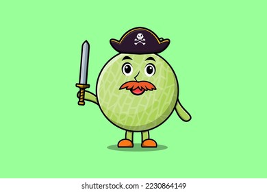 Cute cartoon mascot character Melon pirate with hat and holding sword in modern design