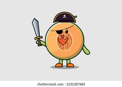Cute cartoon mascot character Melon pirate with hat and holding sword in modern design