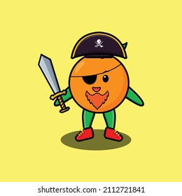 Cute cartoon mascot character orange pirate with hat and holding sword in modern design for t shirt, sticker, logo element