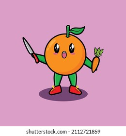 Cute cartoon mascot character orange holding knife and carrot in modern style design for t-shirt, sticker, logo element