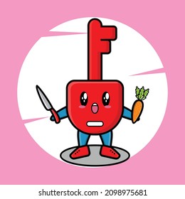 Cute cartoon mascot character padlock key mascot holding knife and carrot in modern style design for t-shirt, sticker, logo element