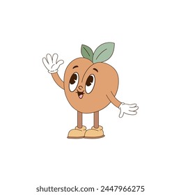 Cute cartoon mascot character peach fruit waving hand gesture vector illustration isolated on white. Retro groovy natural organic healthy food vegetables fruit print poster postcard design. Hand drawn