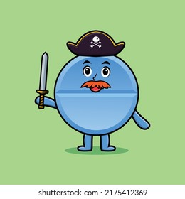 Cute cartoon mascot character pill medicine pirate with hat and holding sword in modern design