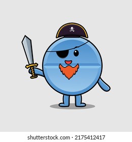 Cute cartoon mascot character pill medicine pirate with hat and holding sword in modern design