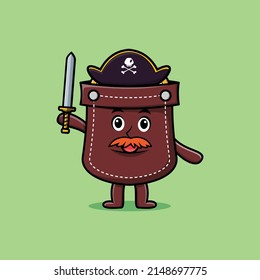 Cute cartoon mascot character pocket pirate with hat and holding sword in modern design
