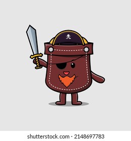Cute cartoon mascot character pocket pirate with hat and holding sword in modern design