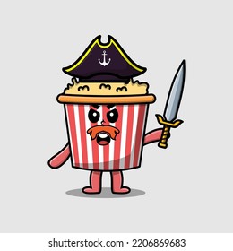 Cute cartoon mascot character Popcorn pirate with hat and holding sword in modern design
