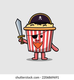 Cute cartoon mascot character Popcorn pirate with hat and holding sword in modern design