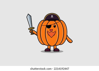 Cute cartoon mascot character Pumpkin pirate with hat and holding sword in modern design