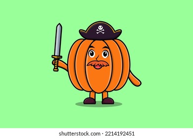 Cute cartoon mascot character Pumpkin pirate with hat and holding sword in modern design