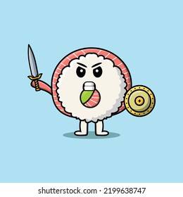 Cute cartoon mascot character rice sushi rolls sashimi pirate with hat and holding sword design