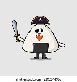 Cute cartoon mascot character rice japanese sushi pirate with hat and holding sword design