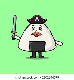 Cute cartoon mascot character rice japanese sushi pirate with hat and holding sword design