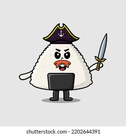 Cute cartoon mascot character rice japanese sushi pirate with hat and holding sword design