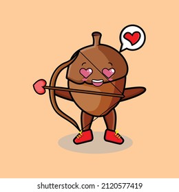 Cute cartoon mascot character romantic cupid acorn with love arrow in modern design style