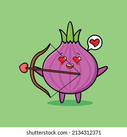 Cute cartoon mascot character romantic cupid onion with love arrow in modern design style