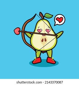 Cute cartoon mascot character romantic cupid pear fruit with love arrow in modern design