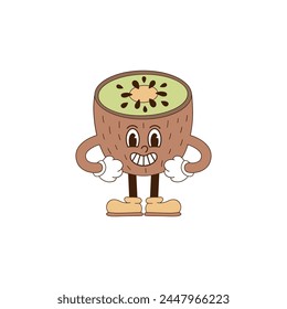 Personaje lindo de la mascota de dibujos animados sonriendo kiwi fruta con brazos akimbo Ilustración vectorial aislado en blanco. Retro groovy natural alimentos orgánicos saludables vegetales impresión de frutas poster diseño de postal. Mano