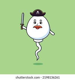 Cute cartoon mascot character sperm pirate with hat and holding sword in flat modern design