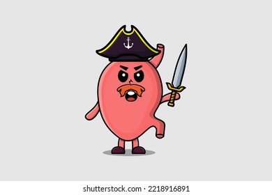 Cute cartoon mascot character Stomach pirate with hat and holding sword in modern design